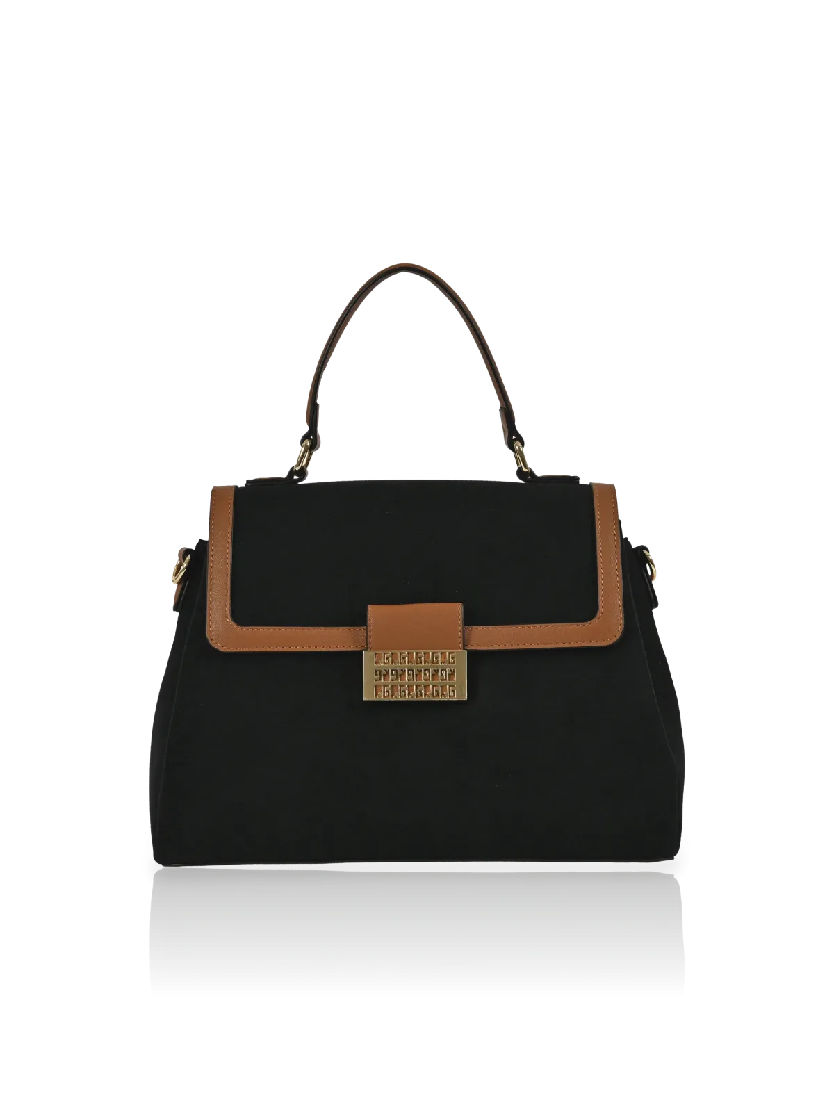 Borsa a mano Romeo Gigli Milano in PU nero-cuoio con accessorio dorato e manico rigido con chiusura a calamita e zip, ideale per look casual o urban.