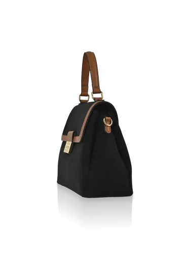 Borsa a mano Romeo Gigli Milano in PU nero-cuoio con accessorio dorato e manico rigido con chiusura a calamita e zip, ideale per look casual o urban. 2