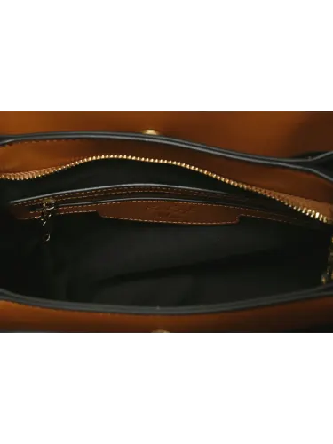 Borsa a mano Romeo Gigli Milano in PU nero-cuoio con accessorio dorato e manico rigido con chiusura a calamita e zip, ideale per look casual o urban. 4