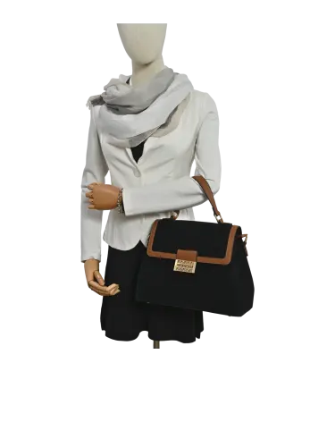 Borsa a mano Romeo Gigli Milano in PU nero-cuoio con accessorio dorato e manico rigido con chiusura a calamita e zip, ideale per look casual o urban. 5