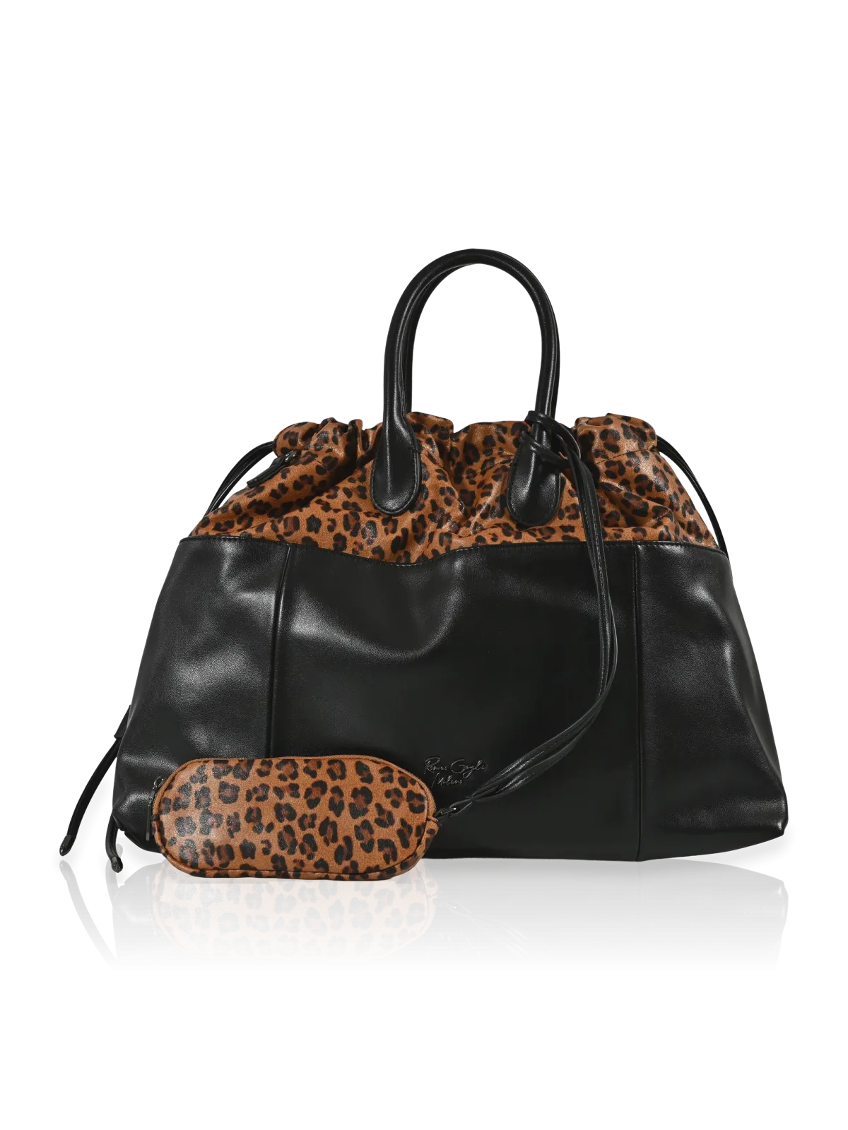 Borsa a mano Romeo Gigli Milano, in PU nero con inserti leopardati, ideale per look casual e urban.