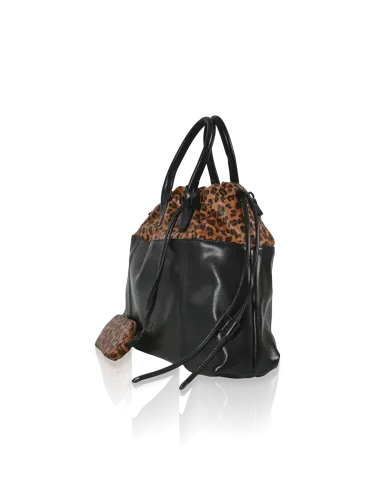 Borsa a mano Romeo Gigli Milano, in PU nero con inserti leopardati, ideale per look casual e urban. 2