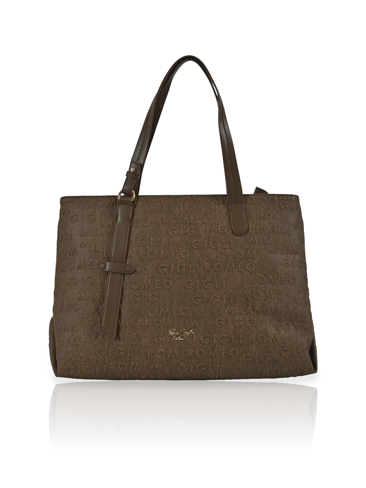 Borsa a spalla Romeo Gigli Milano in PU color Terra con stampa personalizzata e fibbia decorativa. Ideale per look casual e quotidiano.