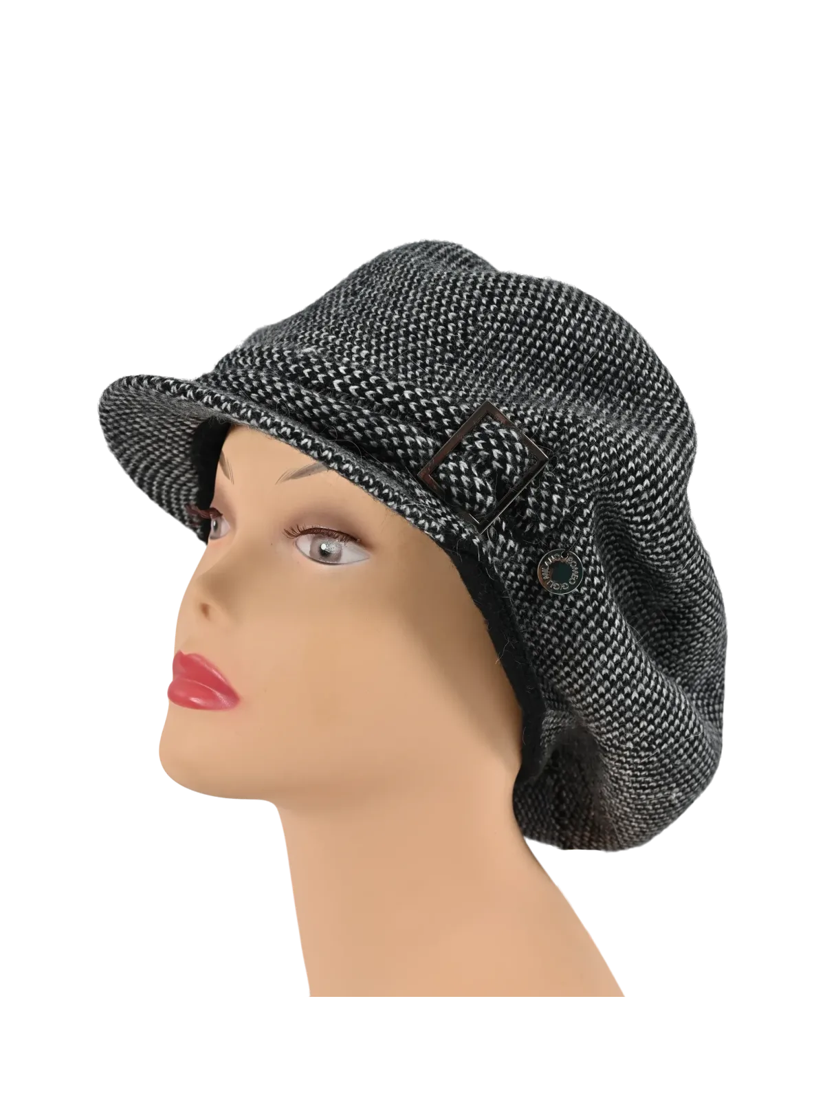 Cappello da donna Romeo Gigli Milano nero con fibbia argento sul lato. Stile elegante per look casual e urbano.