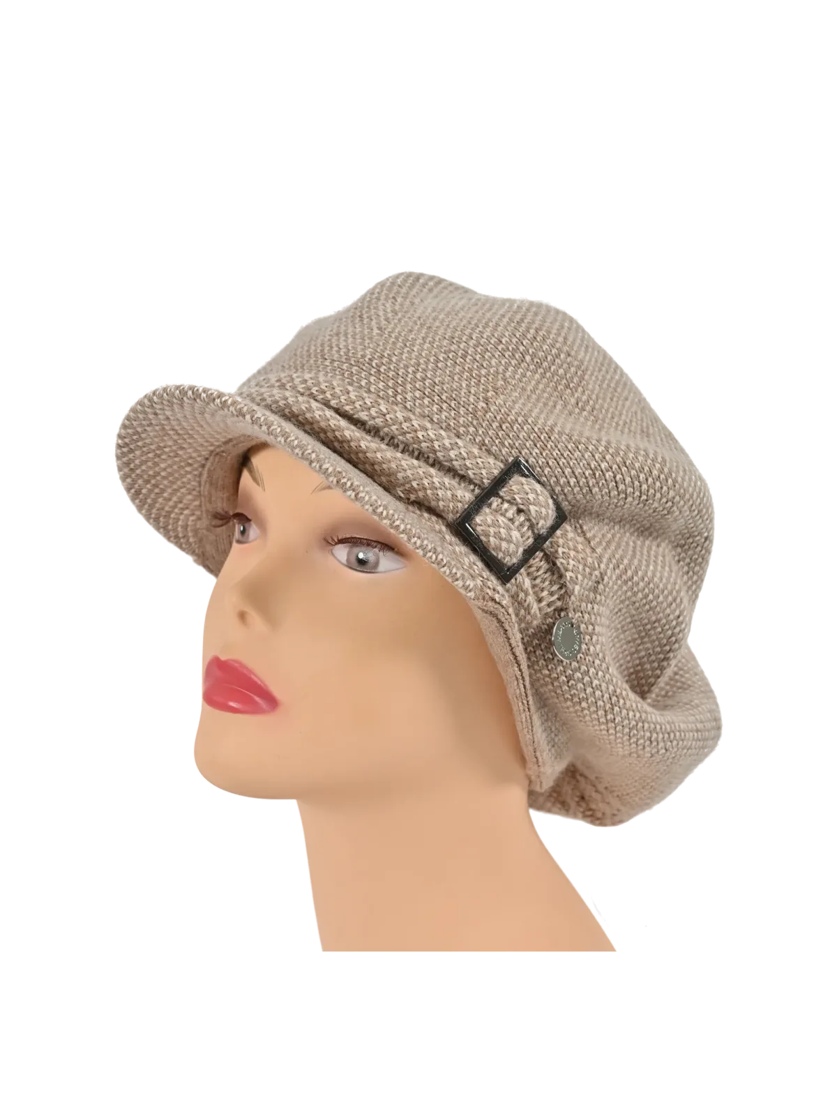 Cappello da donna Romeo Gigli Milano beige con fibbia argento sul lato, adatto per look casual o eleganti.