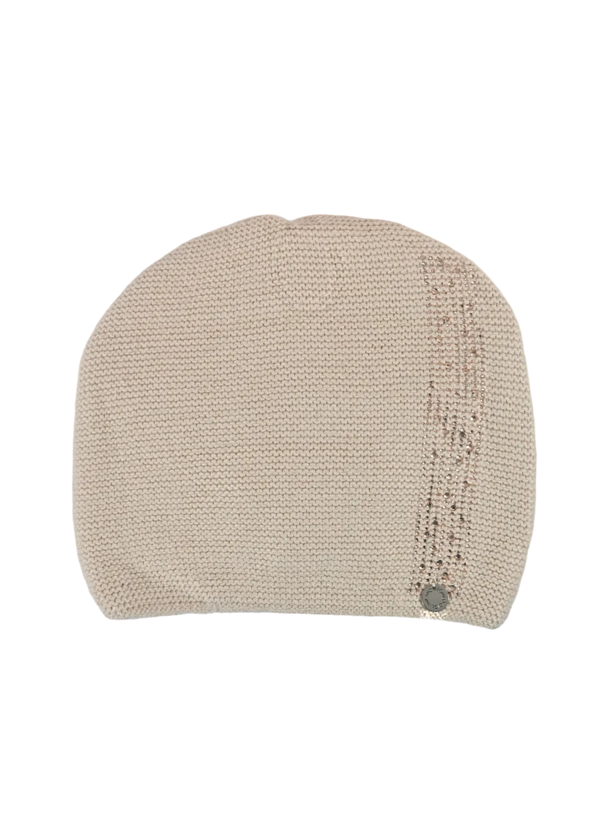 Cappello donna Romeo Gigli Milano beige, realizzato tessuto con strass in tinta. La fascia laterale è decorata da una fila di strass che aggiunge eleganza e dettaglio. Adatto per look casual o più raffinati.