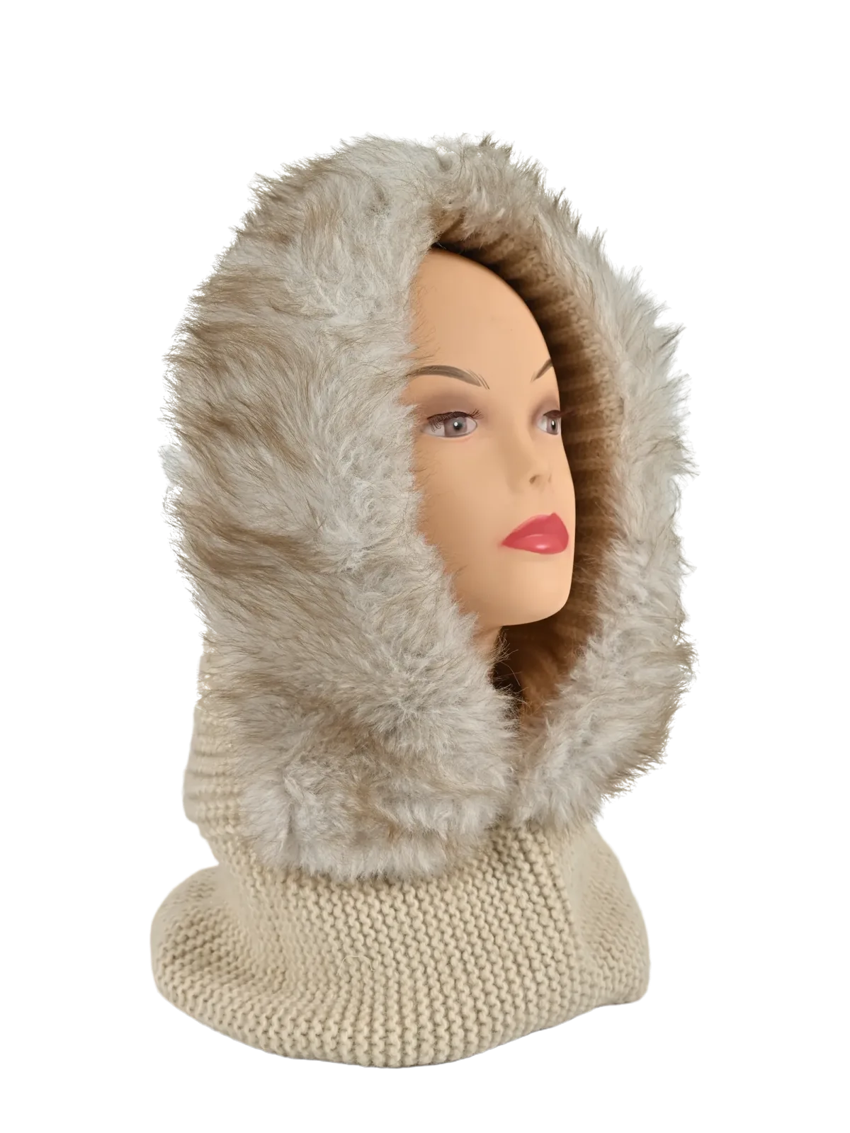 Cappello donna Romeo Gigli Milano beige, con cappuccio e collo integrato, ideale per il tempo libero invernale.