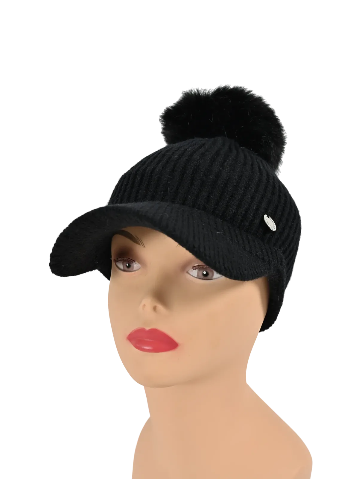 Cappello donna Romeo Gigli Milano nero con visiera e pompon sulla punta, realizzato in materiale misto acrilico e viscosa.