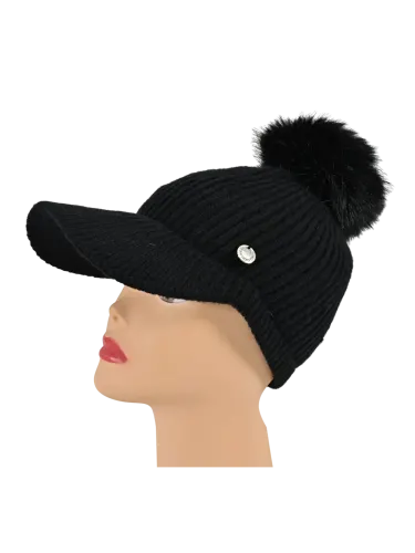 Cappello donna Romeo Gigli Milano nero con visiera e pompon sulla punta, realizzato in materiale misto acrilico e viscosa. 2