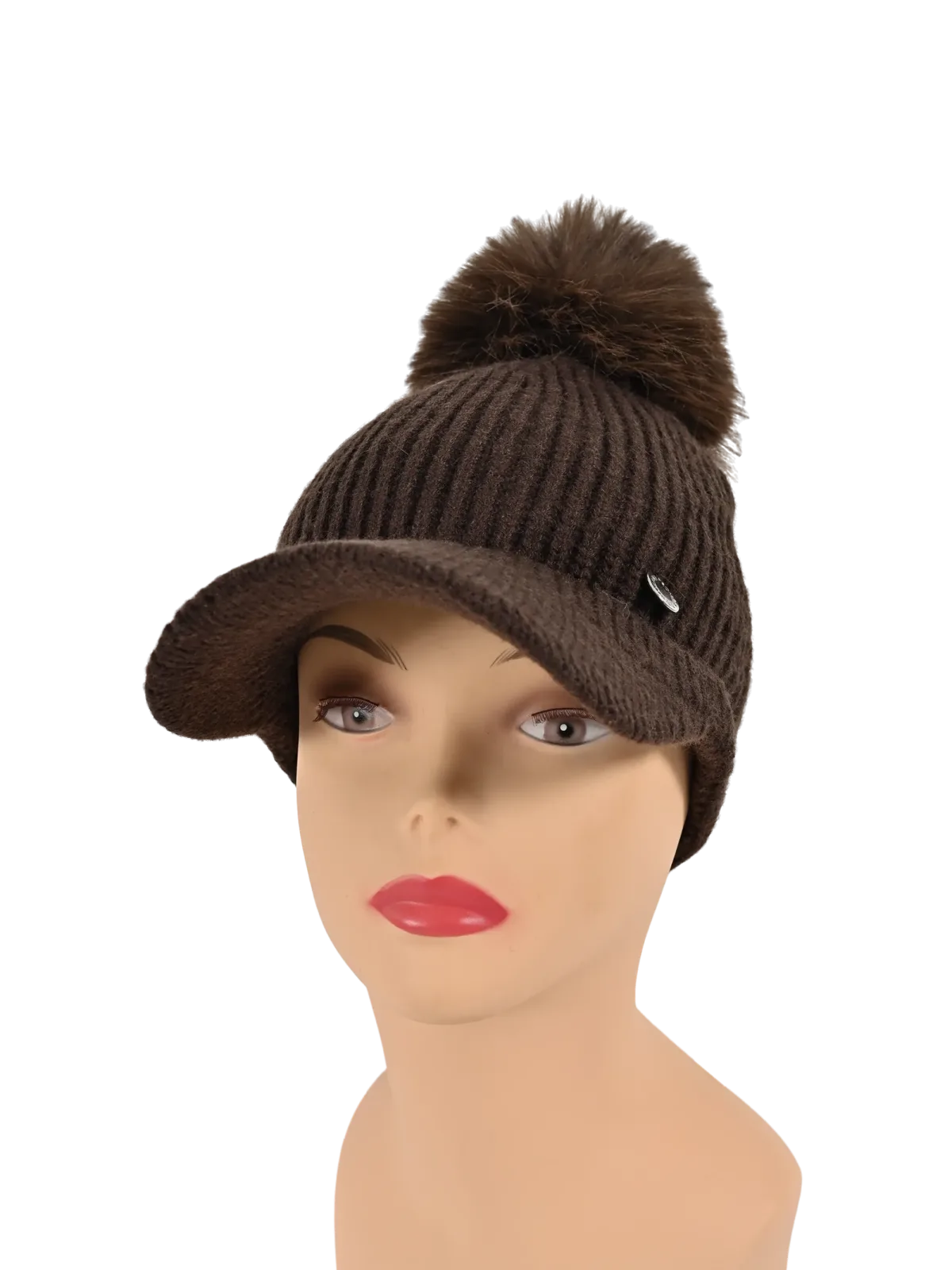 Cappello donna Romeo Gigli Milano marrone con visiera e pompon sulla punta, realizzato in materiale misto acrilico e viscosa.
