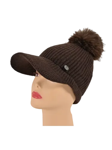 Cappello donna Romeo Gigli Milano marrone con visiera e pompon sulla punta, realizzato in materiale misto acrilico e viscosa. 2