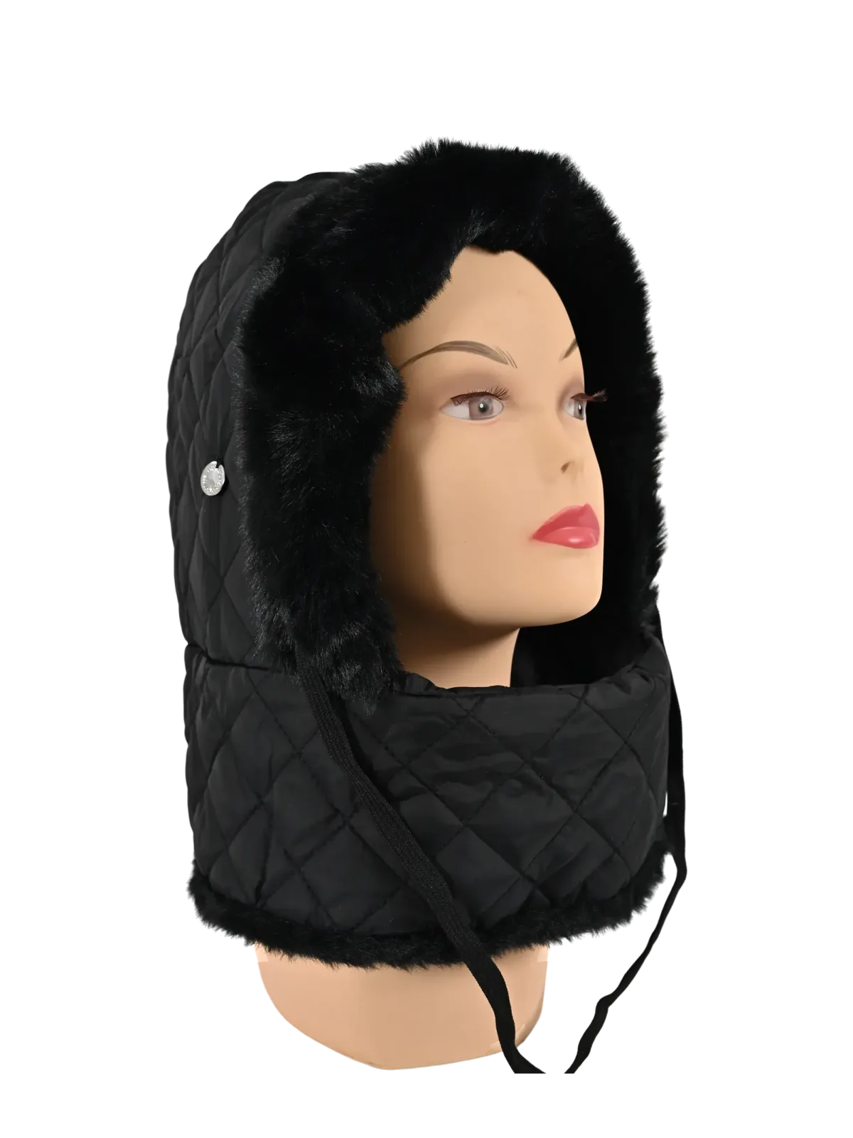 Cappello donna Romeo Gigli Milano nero, con imbottitura in pelliccia sintetica e chiusura con laccetti, ideale per il tempo libero.