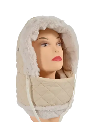 Cappello donna Romeo Gigli Milano in panna con cappuccio pieno di pelliccia naturale, chiusura regolabile con lacci, ideale per il tempo libero. 1