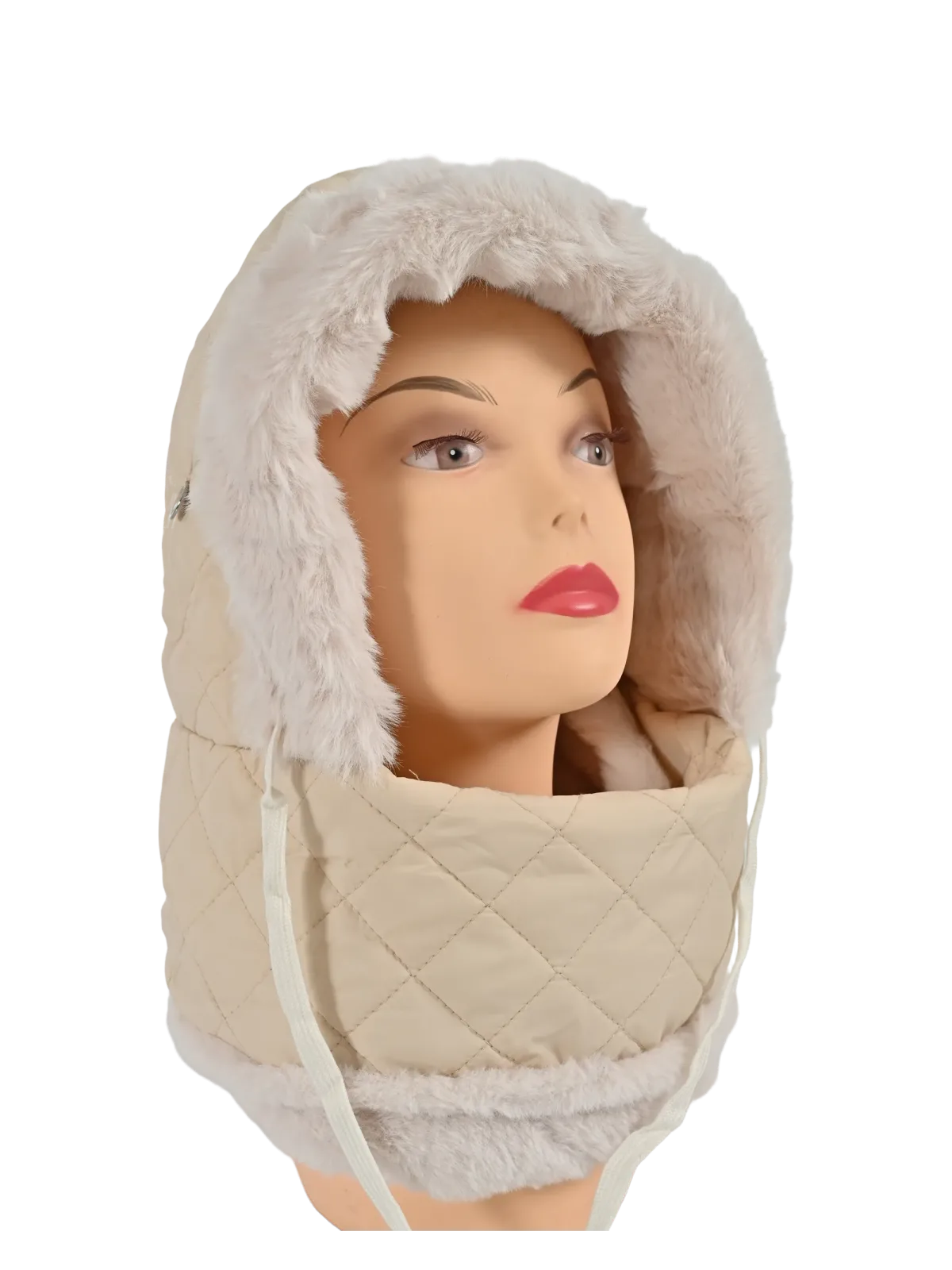 Cappello donna Romeo Gigli Milano in panna con cappuccio pieno di pelliccia naturale, chiusura regolabile con lacci, ideale per il tempo libero.