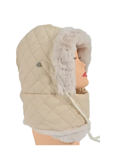Cappello donna Romeo Gigli Milano in panna con cappuccio pieno di pelliccia naturale, chiusura regolabile con lacci, ideale per il tempo libero. 2