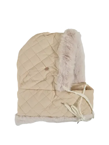 Cappello donna Romeo Gigli Milano in panna con cappuccio pieno di pelliccia naturale, chiusura regolabile con lacci, ideale per il tempo libero. 4
