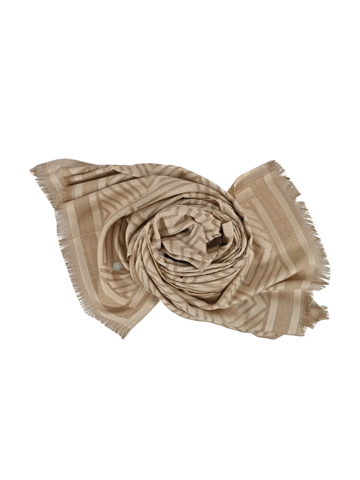 Sciarpa donna Romeo Gigli Milano beige con motivo geometrico in contrasto, realizzata in materiale leggero con piccolissime finiture dorate.