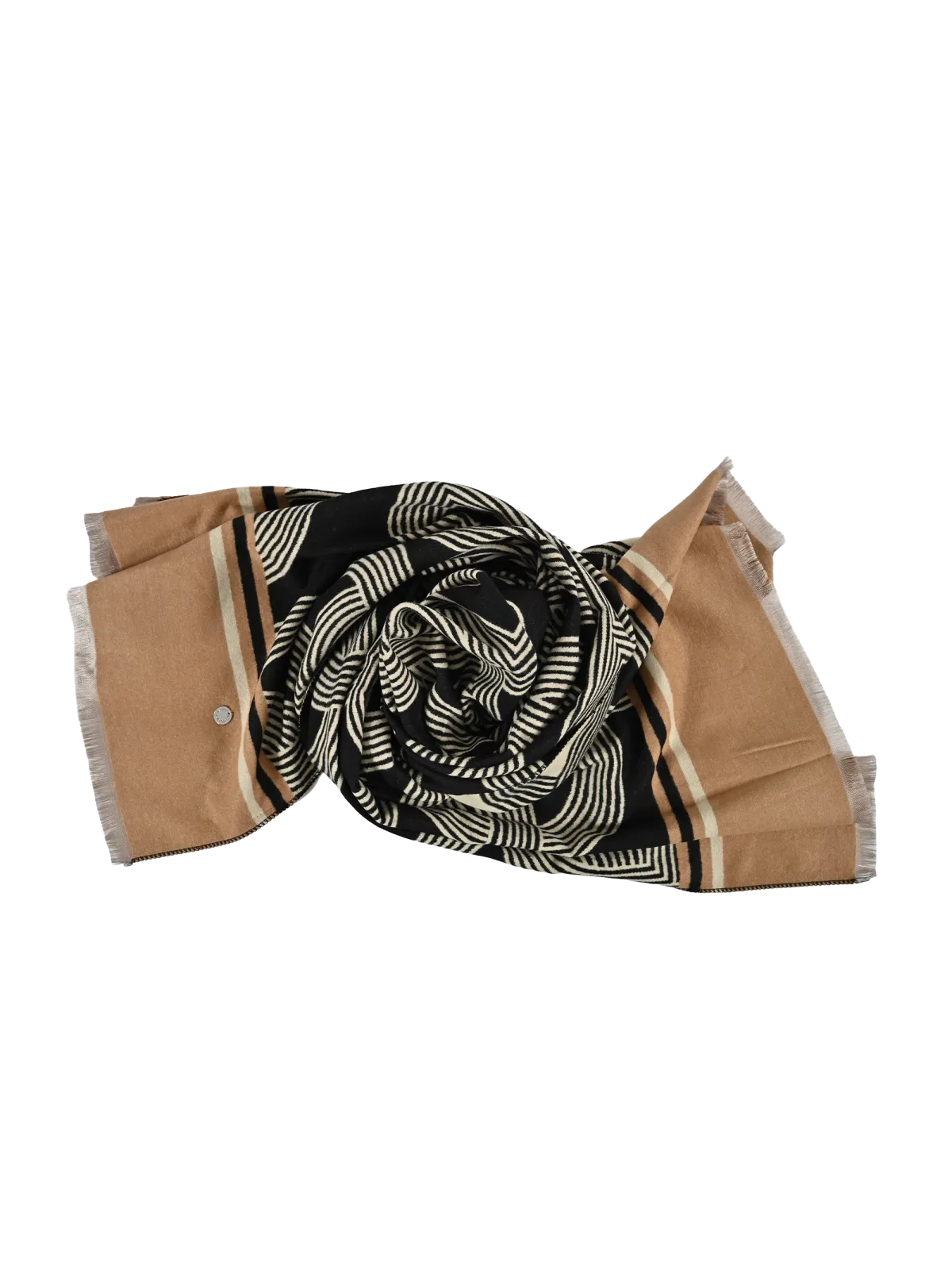 Sciarpa donna Romeo Gigli Milano multicolor, con motivo geometrico beige su fondo nero, ideale per look casual.
