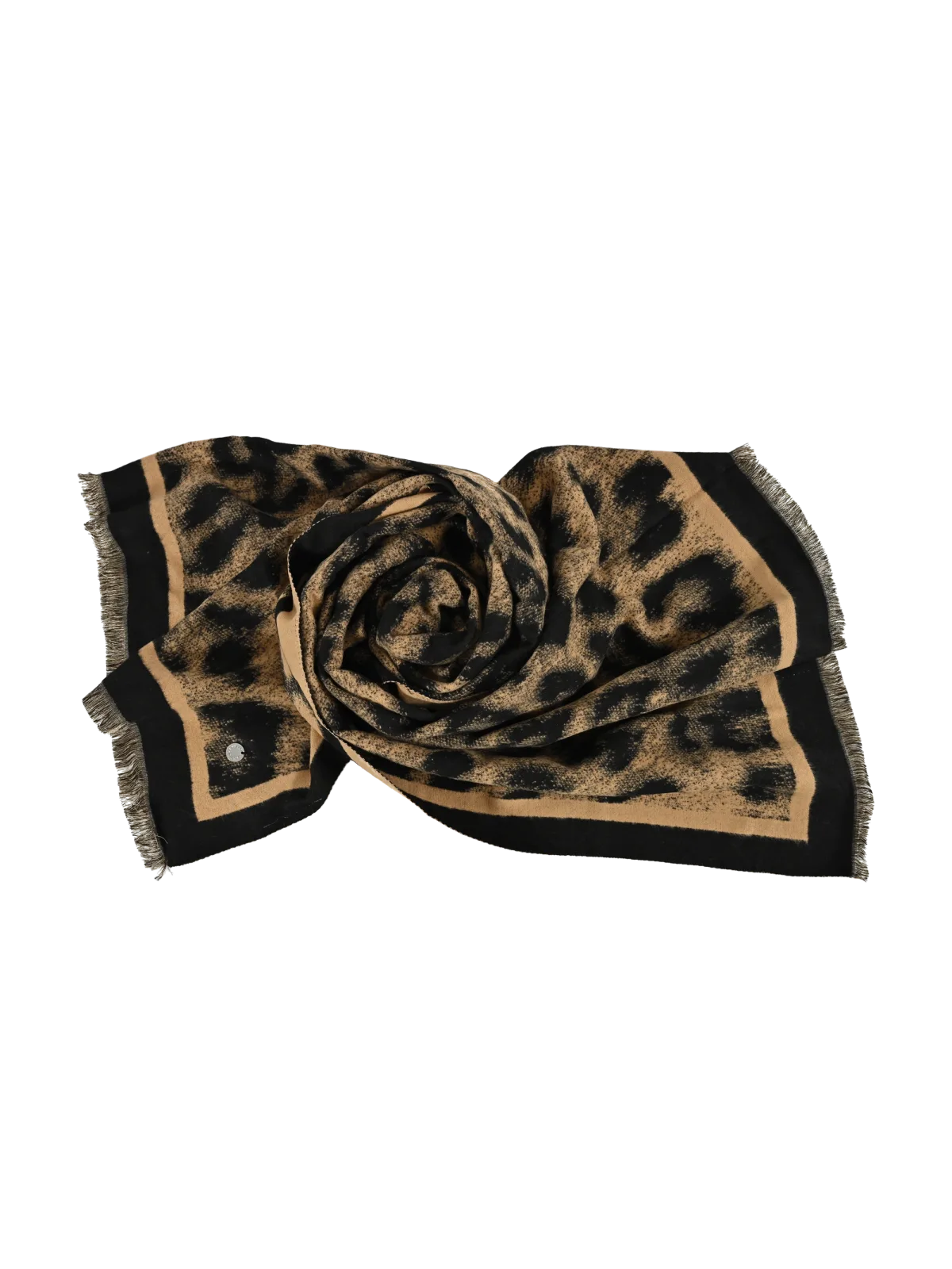 Sciarpa donna Romeo Gigli Milano maculata, con motivo leopardato su sfondo nero, ideale per look casual.