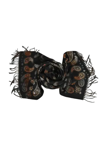 Sciarpa donna Romeo Gigli Milano nera con motivo paisley a contrasto, frange lunghe e morbide. 1