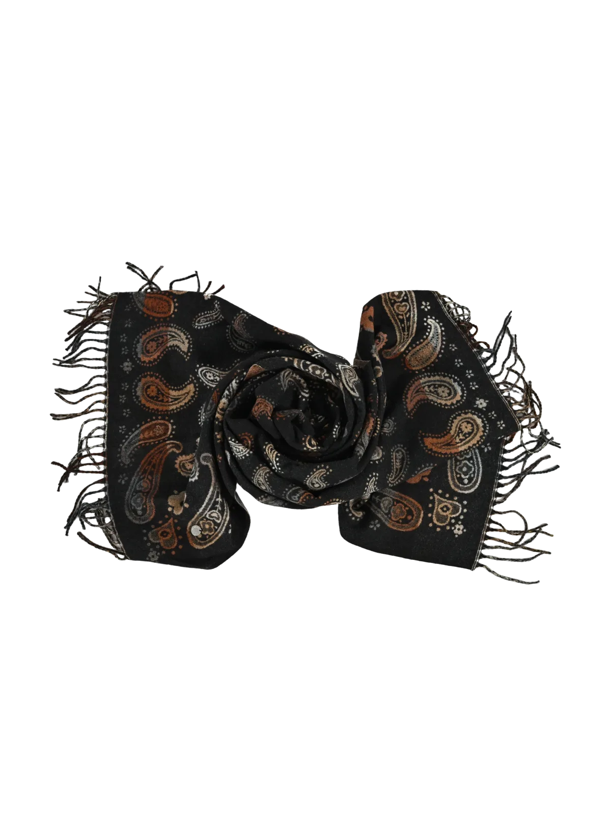 Sciarpa donna Romeo Gigli Milano nera con motivo paisley a contrasto, frange lunghe e morbide.