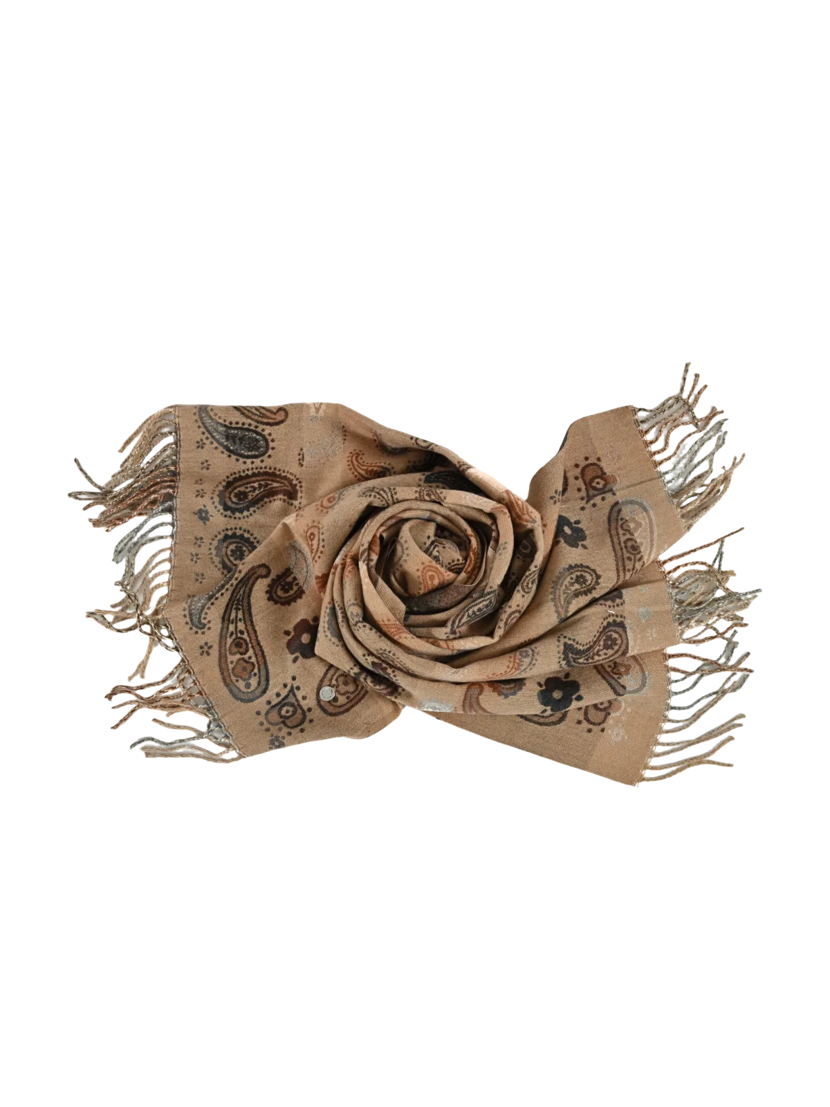 Sciarpa donna Romeo Gigli Milano beige con motivo paisley a contrasto marrone scuro, frange lunghe per un tocco elegante e versatile.